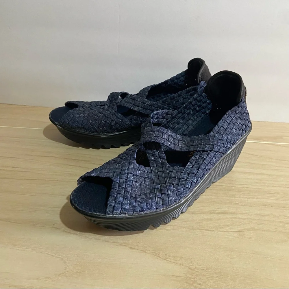 Bernie Mev. Wedge Sandals Sz 41 10 Drake Blue Woven Mary Jane Shoes Boho Comfort